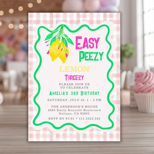 Invitation Anniversaire Trois-zy 3ème Fille Gingham Rose Citr (Créateur téléchargé)