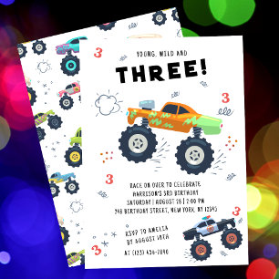Invitation Anniversaire Troisième des Camions Monstres Coloré