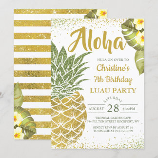 Invitation Anniversaire Tropical Aloha Green Gold Pineappy
