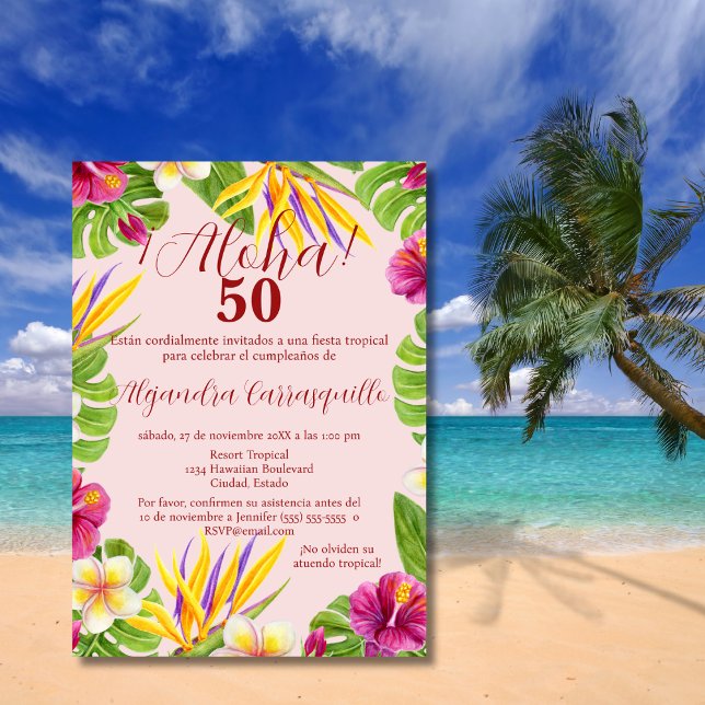 Invitation Anniversaire tropical Aloha rose hawaiien espagnol (Créateur téléchargé)