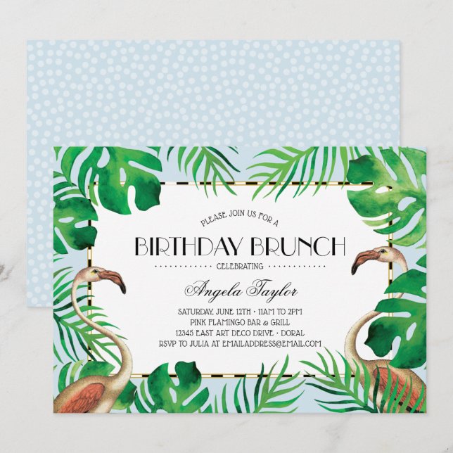 Invitation Anniversaire tropical de bleu de Flamant rose (Devant / Derrière)