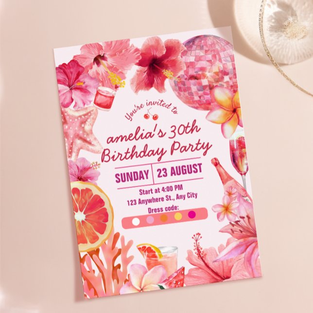 Invitation Anniversaire Tropical Disco Été Rose Fête d'Annive (Tropical Disco Birthday Summer Pink Party Birthday Invitation)