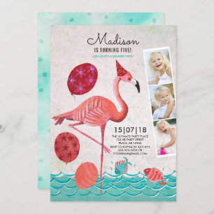 Invitation Anniversaire tropical   Flamant rose et points   I