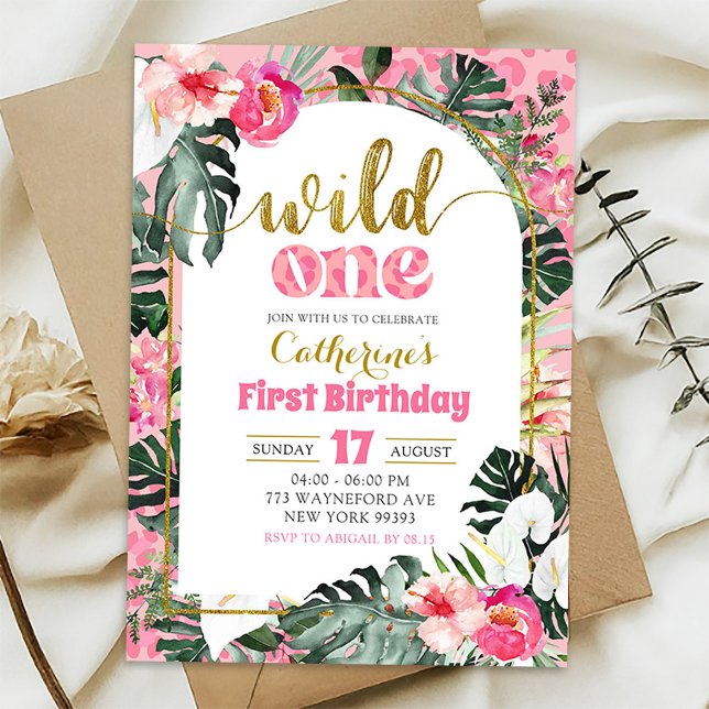 Invitation Anniversaire Tropical Floral Rose Wild One Premier (Créateur téléchargé)