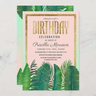 Invitation Anniversaire Tropical Palm Tree Banana Leaf Gold