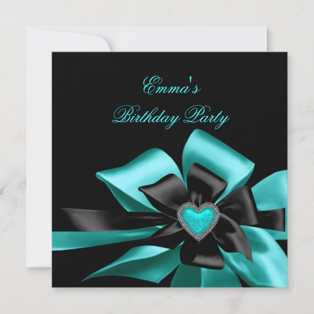 Invitation Anniversaire Turquoise Bleu Coeur Noir Bow Image (Devant)