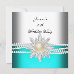 Invitation Anniversaire Turquoise Blue Aqua White Pearl Flowe