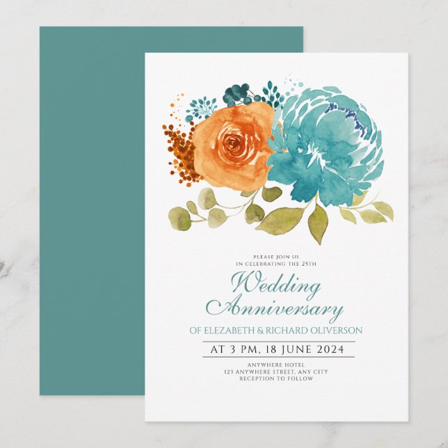 Invitation Anniversaire turquoise du Mariage floral orange br (Devant / Derrière)