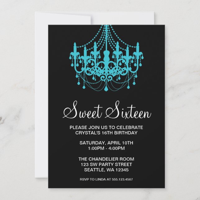 Invitation Anniversaire turquoise et noir de sweet sixteen de (Devant)