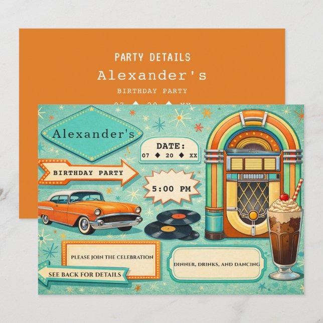 Invitation Anniversaire Turquoise et Orange Rétro des années  (Devant / Derrière)