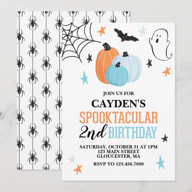 Invitation Anniversaire turquoise orange Spooktacular Hallowe (Devant / Derrière)