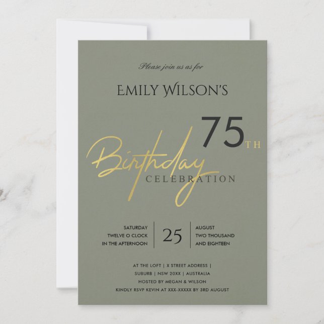 INVITATION ANNIVERSAIRE TYPOGRAPHIE OR GRIS SIMPLE TOUT ÂGE (Devant)