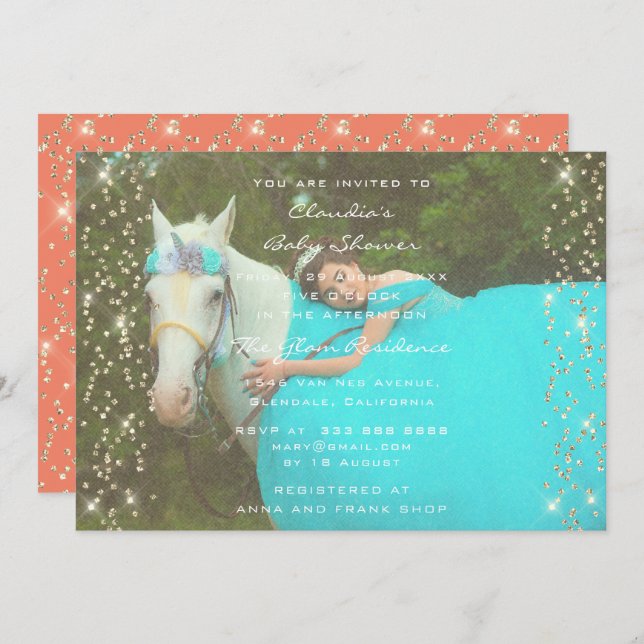 Invitation Anniversaire Unicorn Party Photo Gold Confetti Cor (Devant / Derrière)
