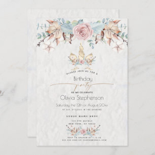 Invitation Anniversaire Unicorne d'or floral de bois d'hive