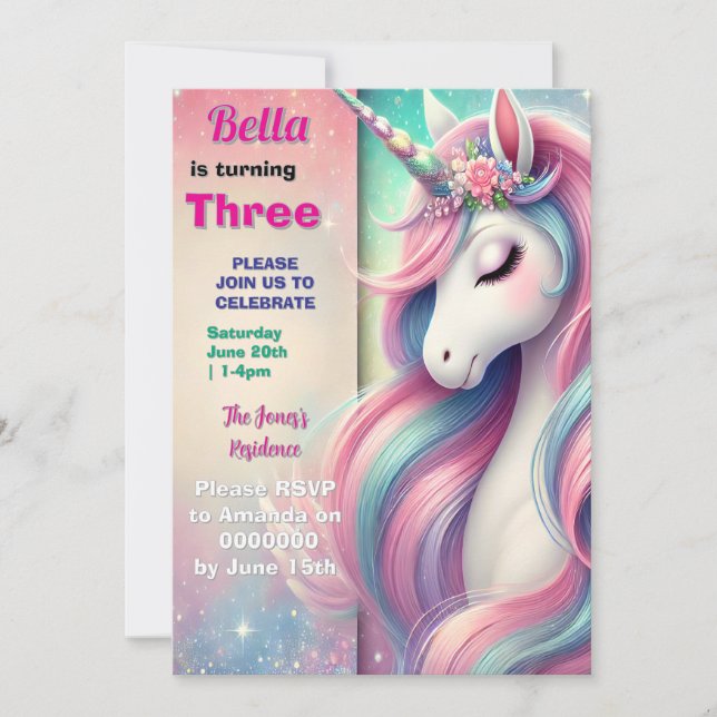Invitation Anniversaire Unicorne Pastel Rainbow Pa (Devant)