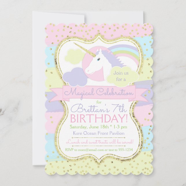 Invitation Anniversaire Unicorne Pink Purple Gold (Devant)