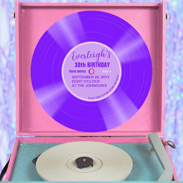 Invitation Anniversaire unique de vinyle violet (Purple color vinyl record pop birthday invitation with purple label)