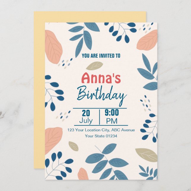 Invitation Anniversaire végétal minimaliste et élégant (Devant / Derrière)