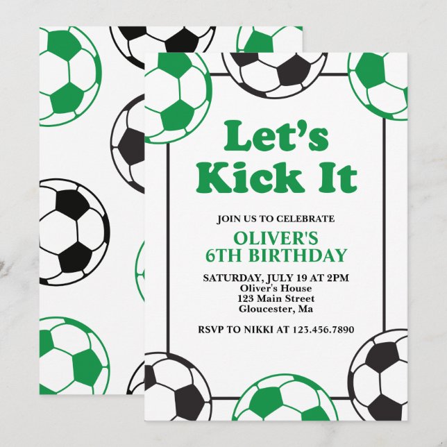 Invitation Anniversaire Vert et Noir de Football (Devant / Derrière)