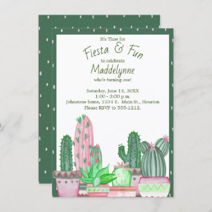 Invitation Anniversaire vert et rose de Cactus