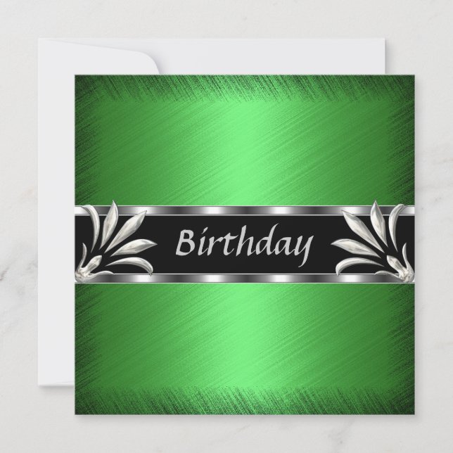 Invitation Anniversaire Vert Floral Argent (Devant)