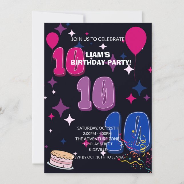 Invitation Anniversaire vibrant 10 ans | Confettis rose bleu (Devant)
