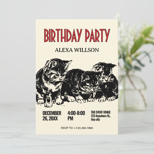 Invitation anniversaire vintage aux chats (Debout devant)