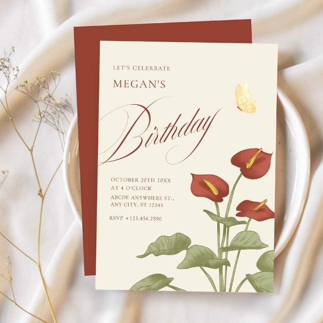 Invitation anniversaire vintage de fleurs rouges (Créateur téléchargé)