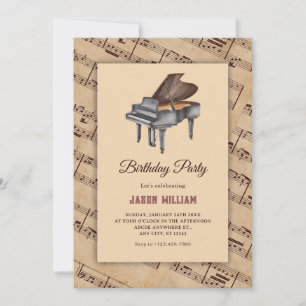 Invitation anniversaire vintage de piano de musique classique