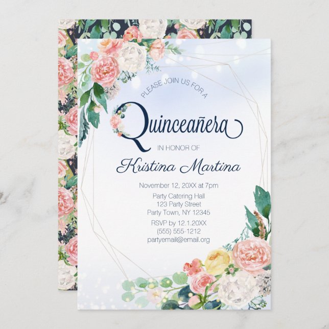 Invitation Anniversaire Vintage de Quinceanera à fleurs roses (Devant / Derrière)