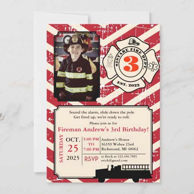 Invitation Anniversaire Vintage des pompiers avec photo (Devant)