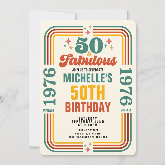 Invitation Anniversaire Vintage Retro 50 Ans Et Fabuleux (Devant)