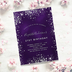 Invitation Anniversaire violet argent parties scintillant gla