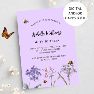 Invitation Anniversaire violet rose fleur sauvage