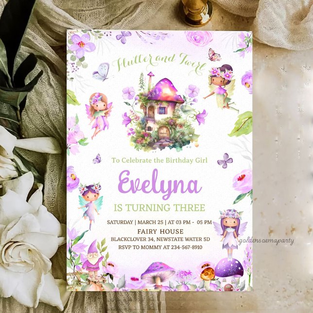 Invitation anniversaire violet tourbillonnant de f (Fairy Flutter Twirly Purple Birthday Invitation
)