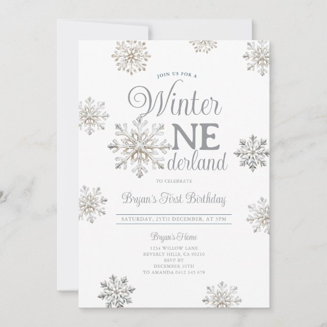 Invitation Anniversaire White Winter Onederland Flocons d'Arg (Devant)