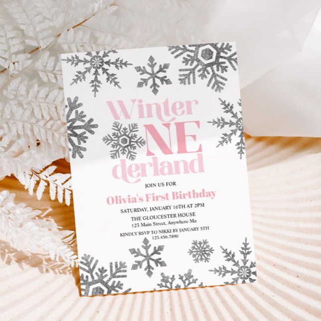 Invitation Anniversaire Winter Onederland flocons de neige ro (Créateur téléchargé)