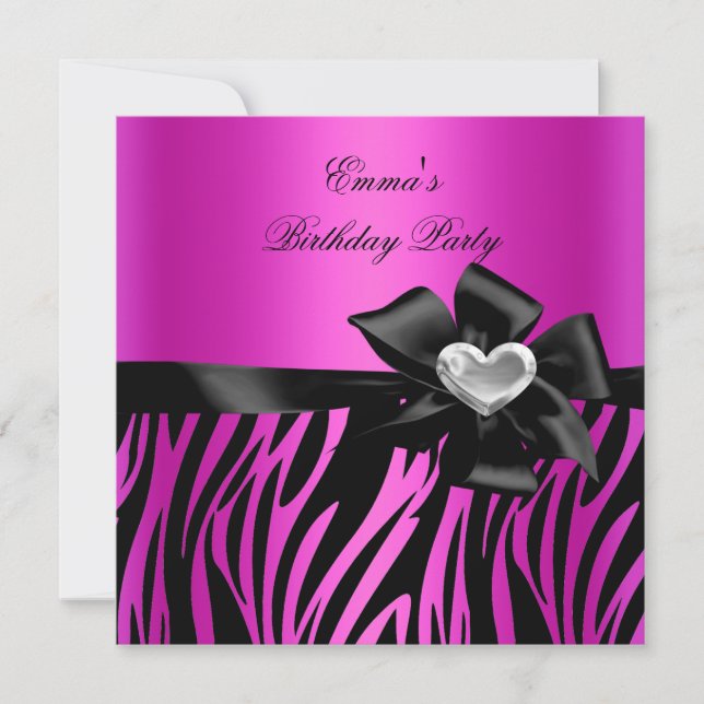 Invitation Anniversaire Zèbre Argent Rose Foncé Noir (Devant)