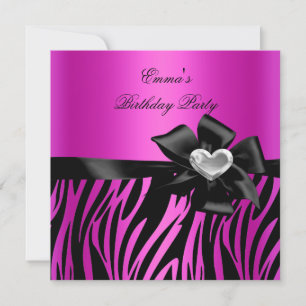 Invitation Anniversaire Zèbre Argent Rose Foncé Noir