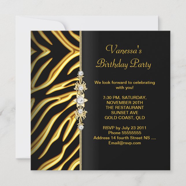 Invitation Anniversaire Zèbre Or Noir Floral (Devant)