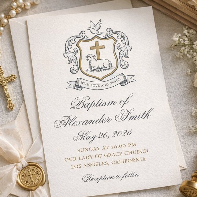 Invitation Annonce de baptême classique de Lamb of God (Baptism Invitation for Boy With Cross Lamb Crest and Elegant Script)