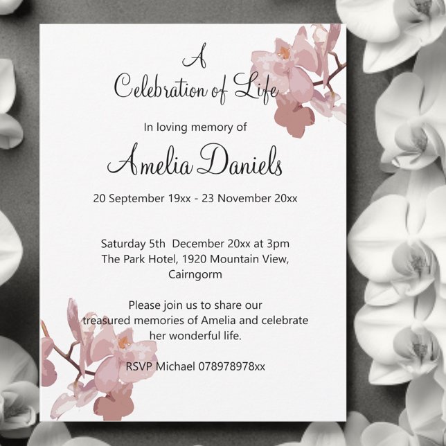 Invitation Annonce de célébration de vie d'orchidée rose (Créateur téléchargé)