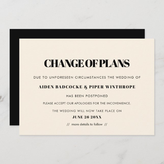 Invitation Annonce de changement de date de mariage simple et (Devant / Derrière)