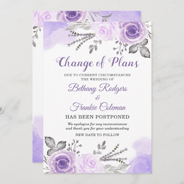 Invitation Annonce de Changement de Plans Chic Fleurs Violett (Devant / Derrière)