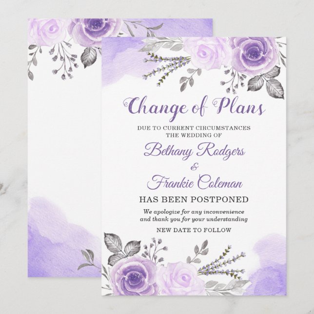 Invitation Annonce de changement de plans Chic Floral Violet (Devant / Derrière)