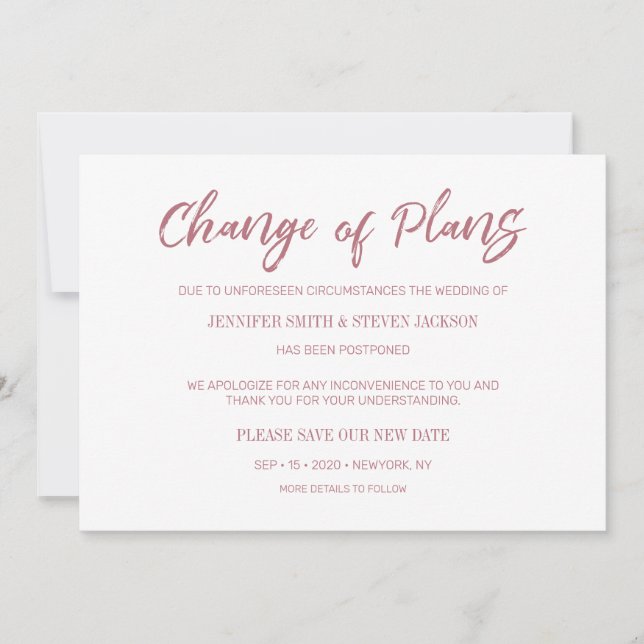 Invitation Annonce de changement de plans de mariage à l'écri (Devant)