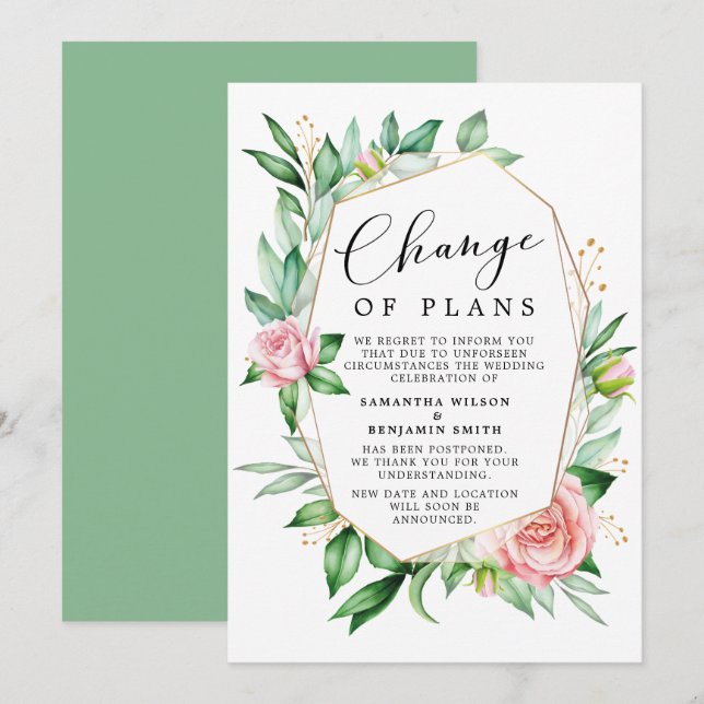 Invitation Annonce de changement de plans de mariage floral a (Devant / Derrière)