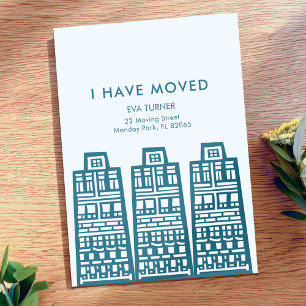 Invitation Annonce de déménagement bleu avec des bâtiments ré