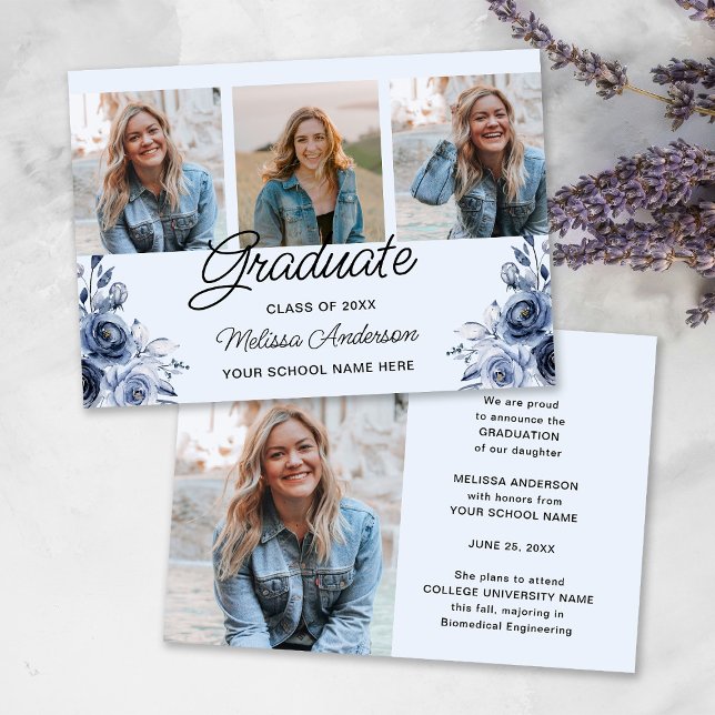 Invitation Annonce de diplômé avec des fleurs bleues marine P (Créateur téléchargé)