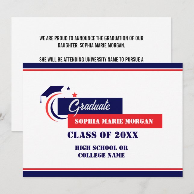 Invitation Annonce de diplômé bleu rouge blanc diplômé (Devant / Derrière)